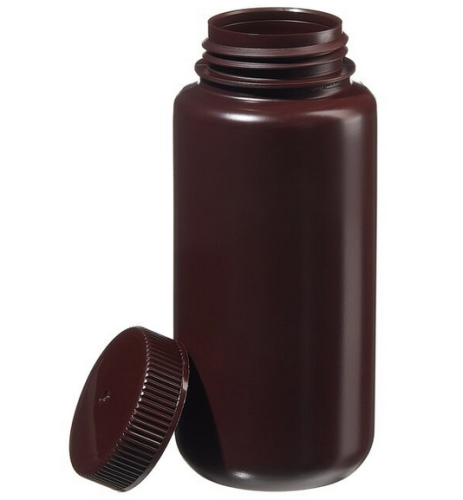 Nalgene Bottle, Packer, Wide-Mouth, Round, Opaque Amber High-Density Polyethylene (HDPE) with Opaque Amber Polypropylene (PP) Cap, Bulk, 500 mL, 125/CS, Thermo Scientific, 312185-0016