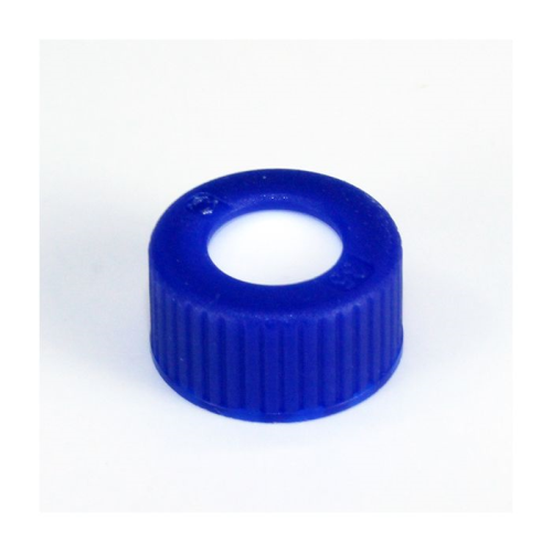 Cap, Blue Polypropylene Ribbed Screw-On, 9 mm with Red PTFE/White Silicone Septa, QEC, QP3212.009.501A