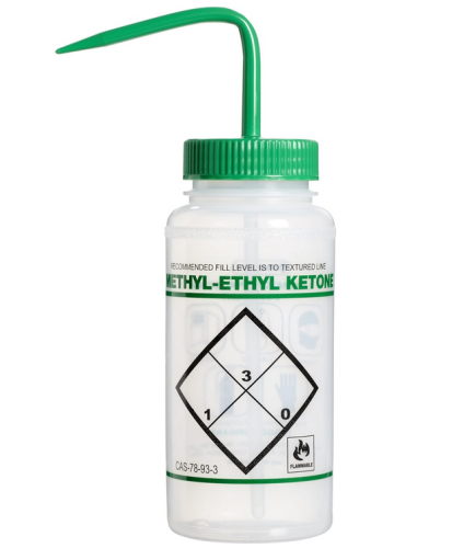 Wash Bottle, Wide-Mouth, Low-density Polyethylene (LDPE) 2-Colored, Safety-Labeled Wash Bottle, Labeled Methyl Ethyl Ketone, with Green Polypropylene (PP) Cap Assembly, 500 mL, SP Bel-Art Products, F11646-0611
