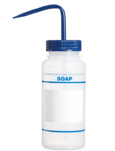 Wash Bottle, Wide-Mouth, Low-density Polyethylene (LDPE) Safety-Labeled, Labeled Soap, with Blue Polypropylene Cap Assembly (No Diamond), 500 mL, Bel Art Products, F11646-0614