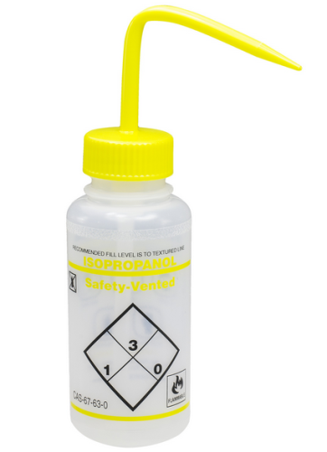 Wash Bottle, Wide-Mouth, Low-density Polyethylene (LDPE) Safety-Labeled Isopropanol, with Yellow Polypropylene (PP) Cap Assembly, 500 mL, SP Bel Art Products, F11646-0624