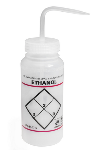 Wash Bottle, Wide-Mouth,Low-density Polyethylene (LDPE) Safety-Labeled Ethanol, with Natural Polypropylene (PP) Cap Assembly, 500 mL, SP Bel Art Products, F11646-0639