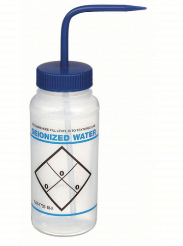 Wash Bottle, Wide-Mouth, Low-Density Polyethylene (LDPE) Safety-Labeled Deionized Water, with Blue Polypropylene (PP) Cap, 500 mL, 6/PK, SP Bel-Art Products, F11646-0631