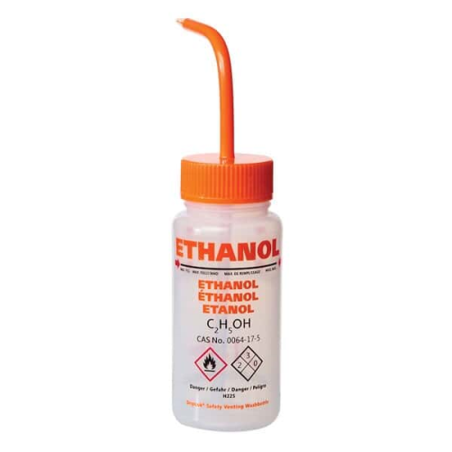 Wash Bottle, Vented, Low-Density Polyethylene (LDPE) for Ethanol with Orange Polypropylene (PP) Cap Assembly, 500 mL, Dynalon Labware, 506465-0002