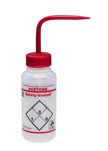 Wash Bottle, Wide-Mouth, Low-density Polyethylene (LDPE) Safety-Labeled and Safety-Vented with Red Polypropylene (PP) Cap Assembly, Labeled Acetone with Red Polypropylene Cap, 500 mL, 3/PK, SP Bel-Art Products, F11642-0622