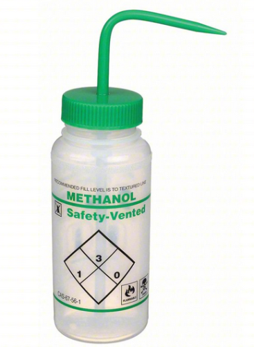 Wash Bottle, Wide-Mouth, Low-density Polyethylene (LDPE) Safety-Labeled and Safety-Vented with Green Polypropylene (PP) Cap Assembly, Labeled Methanol, 500 mL, 3/PK, SP Bel-Art Products, F11642-0623