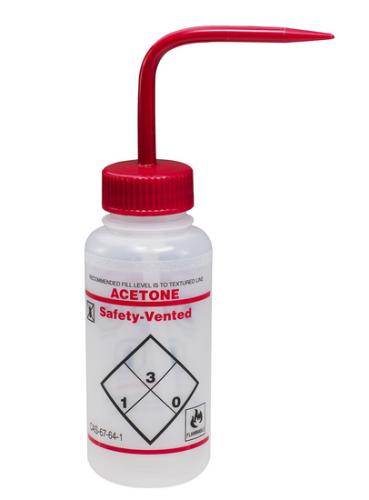 Wash Bottle, Wide-Mouth, Low-density Polyethylene (LDPE) Safety-Labeled and Safety-Vented with Red Polypropylene (PP) Cap Assembly, Labeled Acetone with Red Polypropylene Cap, 250 mL, 3/PK, SP Bel-Art Products, F11643-0222