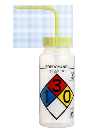 Wash Bottle, Wide-Mouth, Right-to-Know, Low-Density Polyethylene Bottle with Yellow Polypropylene Cap Assembly, Safety-Vented, Labeled Isopropanol, 500 mL, 4/PK, SP Bel-Art Products, F11816-0008