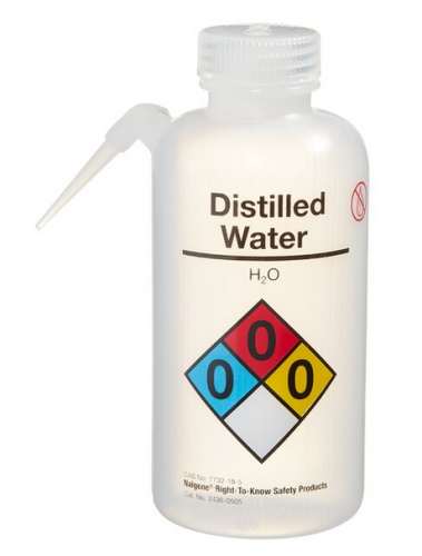 Nalgene Wash Bottle, Vented Unitary Right-to-Know (RTK), Natural Low-Density Polyethylene (LDPE) with Natural Color-Coded Polypropylene (PP) Cap, Distilled Water, Cylindrical, Narrow-Mouth, 500 mL, 4/PK or 24/CS, Thermo Scientific, 2436-0505