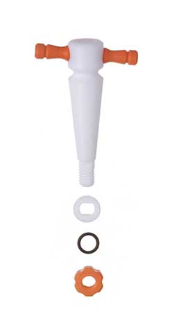 Stopcock Plug, Three-Way, PTFE, 2mm Bore Size, with Nut, Rubber Washer & Polyethylene Washer, Kimble 41530F-2