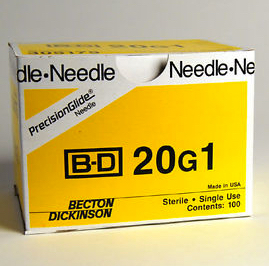 Syringe Needles Only, Sterile, Color Coded, Disposable, Regular Bevel, 20 Gauge, 1 in. Length, For Use with Any Luer-Lok or Luer Slip Syringe Tip