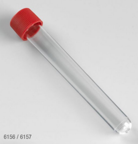 Test Tube with Attached Red Screw Cap, 16 x 120 mm (15 mL), Polystrene, STERILE, 750/CS (5 Bags of 150 Test Tubes), Globe Scientific, 6156