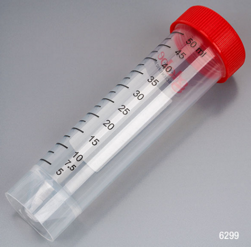 DIAMOND MAX Centrifuge Tube, 50 mL, Self-Standing Tubes, Attached Red Flat Top Screw Cap, Polypropylene, Printed Graduations, Sterile, Certified, 500/CS, Globe Scientific, 6299