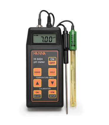 pH/mV Meter, Portable with Gel Filled pH Electrode, Stainless Steel Temperature Probe, Case and Solutions, Hanna Instruments, HI8424