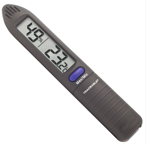 Traceable Humidity/Temperature Pen with Pocket Clip, 32.0 to 122.0 F Range, 3/4 in. High Display, Antylia, 4093