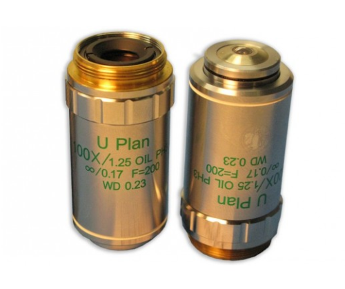 Plan Semi Apochromat Phase 100X Spring Loaded N.A. 1.25 Oil W.D. 0.23 mm, Meiji Techno America, MA842 (Representative Image)