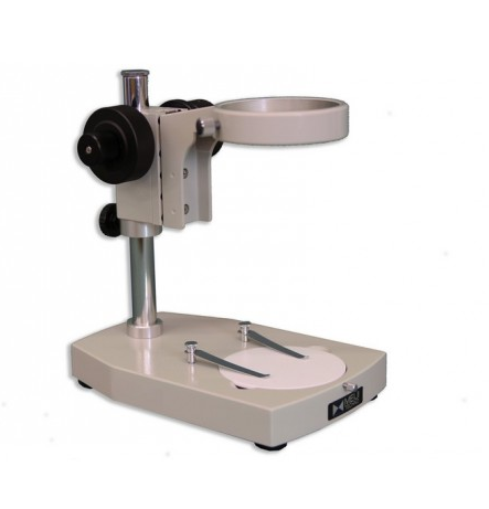 Basic Pole Stand with FC Coaxial Coarse and Fine Focus Block on a Plain Base, Supplied with One 94.5 mm Diameter Reversible Black and White Stage Plate and Two Stage Clips, Meiji Techno America, PC