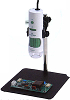 Mighty Scope Hand-Held Digital Microscope with Polarizer, 10 to 200x. Designed for use with Shiny Surfaces, Shown with Included Adjustable Stand.