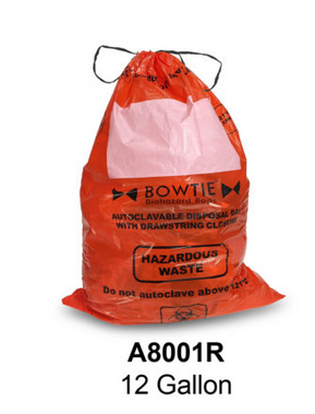 BowTie Biohazard Bags, with Drawstring, HDPE, 12 Gallon Capacity, (45 liters), 27 × 35 in. / 69 × 89 cm, Large Marking Area and Sterilization Indicator, 100/CS, MTC Bio, A8001R
