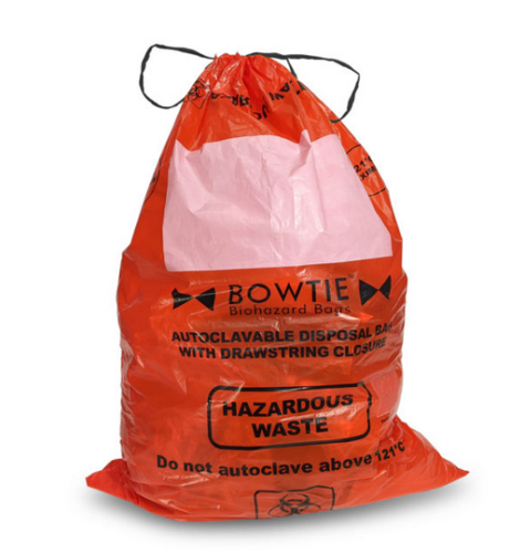 BowTie Biohazard Bags, with Drawstring, HDPE, 30 Gallon Capacity, (113 liters), 33 × 41 in. / 84 × 104 cm, Large Marking Area and Sterilization Indicator, MTC Bio, A8003R