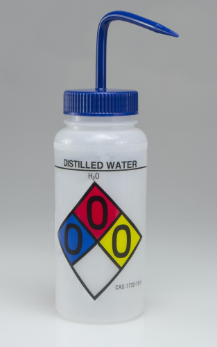 SP Bel-Art Safety-Labeled 4-Color Distilled Water Wide-Mouth Wash Bottles; 500ml (16oz), Polyethylene with Blue Polypropylene Cap (Pack of 4)