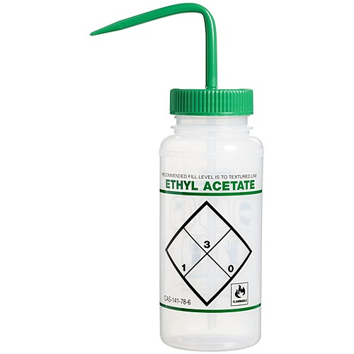 Wide-Mouth Wash Bottle, Labeled Ethyl Acetate, Green 16 oz. (500 mL), 6/PK, Bel Art Products, F11646-0612