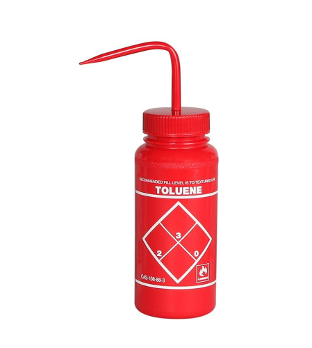 Wide-Mouth Wash Bottle, Labeled Toluene, LDPE, Red, 500 mL (16 oz), Bel Art Products, F11646-0628
