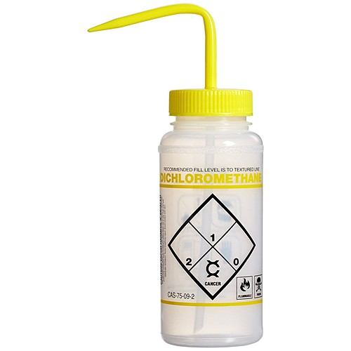 Wide-Mouth LDPE Wash Bottle, Labeled Dichloromethane, 500 mL (16 oz.), Yellow, 6/PK, Bel Art Products, F11646-6250