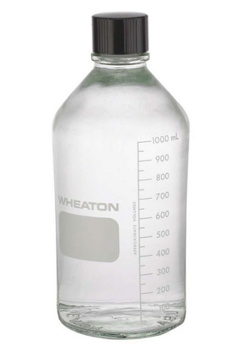 Bottle, 1000 mL Narrow Mouth, Media, Clear, Borosilicate Glass, Graduated, with Phenolic Cap with Polyethylene Liner, 24/CS, Wheaton 219720