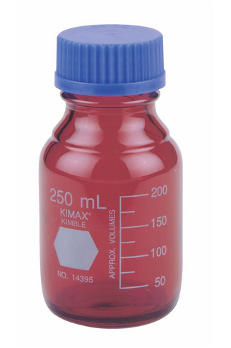 Bottles, Ray-Sorb Amber, GL45 Media, with Blue Polyproylene Cap, 1/CS, 250 mL