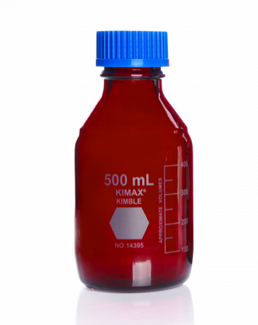 Bottles, Ray-Sorb Amber, GL45 Media, Round, with Blue Polypropylene Cap, 1/CS, 500 mL, DWK, 14399-500