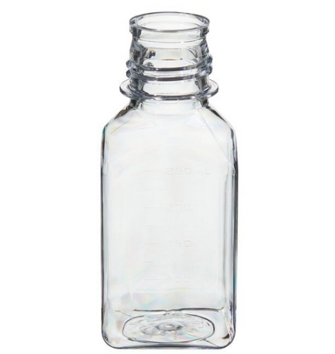 Nalgene Bottle, Square Narrow-Mouth, Polycarbonate (PC) without Cap, 250 mL, Tray Packaging, 60/CS, Thermo Scientific, 362015-0250