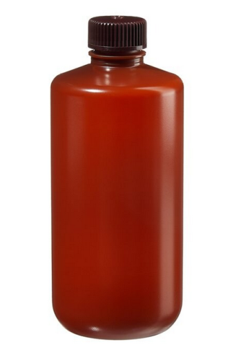 Nalgene Bottle, Packaging, Round, Narrow-Mouth, Translucent Amber High-Density Polyethylene (HDPE) with Opaque Amber Polypropylene (PP) Cap, 500 mL, 125/CS, Thermo Scientific, Bulk Packaged, 312084-0016