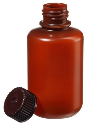 Nalgene Bottle, Packaging, Round, Narrow-Mouth, Translucent Amber High-Density Polyethylene (HDPE) with Opaque Amber Polypropylene (PP) Cap, 125 mL, 500/CS, Thermo Scientific, Bulk Packaged, 312084-0004
