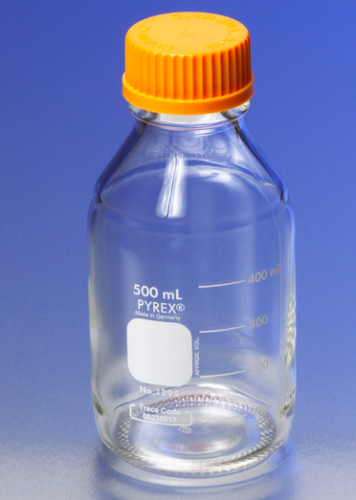 Pyrex Media Bottles with Orange Polypropylene (PP) Caps, Wide Mouth, Reusable, Autoclavable, 2 L, Corning, 1395-2L