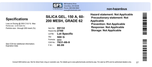 Silica Gel, 150A, 60 to 200 Mesh, Grade 62, 500 g, GFS Chemicals, 89132