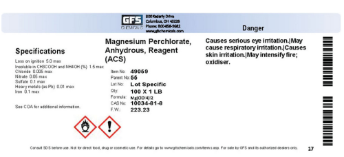 Desiccant, Magnesium Perchlorate, Anhydrous, Reagent (ACS), 1 lb., GFS Chemicals, 49059