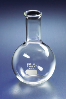 Flask, Pyrex, Boiling, Florence, Flat Bottom, Long Neck, Tooled Mouth, 500 mL, Corning 4060-250