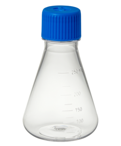 250 mL Erlenmeyer Flask, PETG, Flat Base, With Vented Screw Cap, Disposable, Sterile, 12/CS, MTC Bio, F4061-F