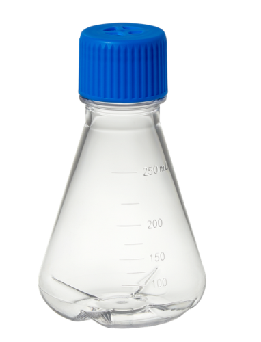 250 mL Erlenmeyer Flask, Polycarbonate, Baffled Base, With Vented Screw Cap, Autoclavable/Reusable, 12/CS, MTC Bio, F4061-B