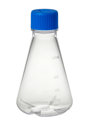 500 mL Erlenmeyer Flask, Polycarbonate, Baffled Base, With Vented Screw Cap, Autoclavable/Reusable, 12/CS, MTC Bio, F4062-B