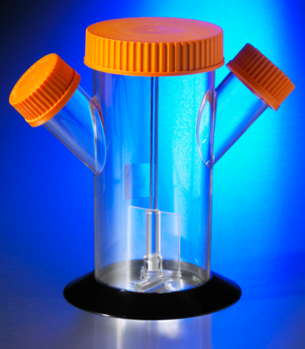 Spinner Flask, Disposable, STERILE, Polystyrene, with Top Cap, 2 Side Arms and Orange Screw Caps, 500 mL, 12/CS, Corning, 3153