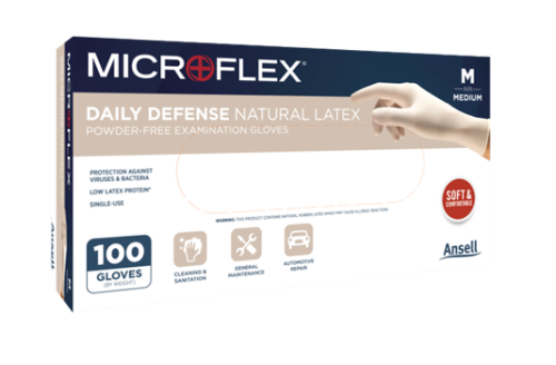 Microflex Gloves, Daily Defence Natural Latex 10-754, General Purpose Exam Grade, Large (8.5 to 9), 100/PK, Ansell, 10754090