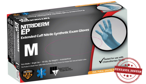 Nitrile Exam Gloves, NitriDerm® EP, Blue, Non-Sterile, Extended Cuff, Powder-Free, Large, 100/PK, IHC 182300