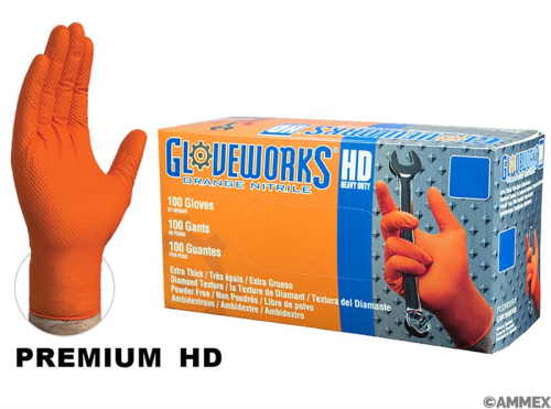 Glove, Nitrile, Orange, Heavy-duty Industrial Grade, Medium (M), 100 Gloves/PK, Ammex Corporation, GWON44100