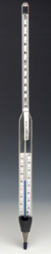 SafetyBLUE Thermohydrometer, Plato Scale, 0/12 x 0.2 @ 20 degrees C, 0/50 degrees C Thermometer in Body with Corrections, Overall Length 8.5 in., Chase Instruments, 2510-8-SB