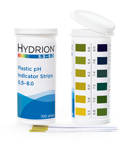 HYDRION Plastic pH Strips, 5.5-8.0 pH, 2-3/4 in. x 1/4 in., Packaged in Flip-Top Vial, 100/Vial, NOT SUITABLE FOR WATER