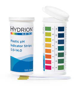 HYDRION Plastic pH Strips, 0.0-14.0 pH, 2-3/4 in. x 1/4 in., Packaged in Flip-Top Vial, 100/Vial, NOT SUITABLE FOR WATER