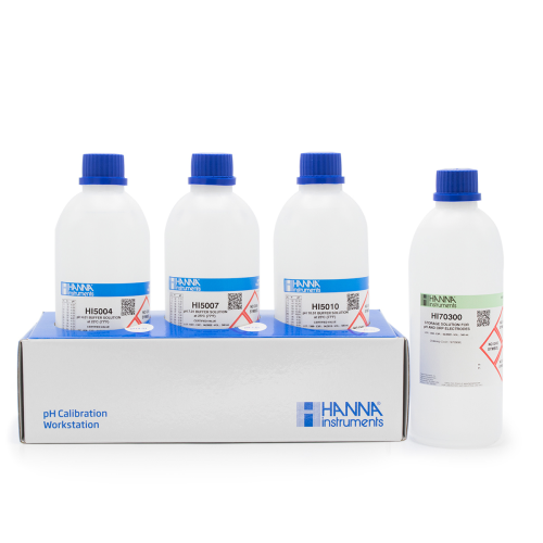 pH 4.01, 7.01 and 10.01 Technical Calibration Solutions with Electrode Storage Solution, 4 x 500 mL, Hanna Instruments, HI54710-10