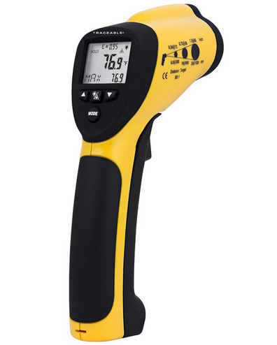 Traceable Infrared Thermometer Gun, -50 to 1000 C Range (Pictured on Right), Emissivity is Adjustable from 0.10 to 1.00 in 0.01 Steps, Antylia, 4484